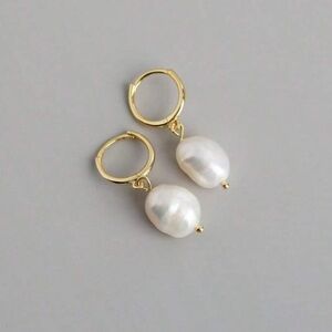 Baroque Pearl Drop Round Huggie Hoop Earrings
